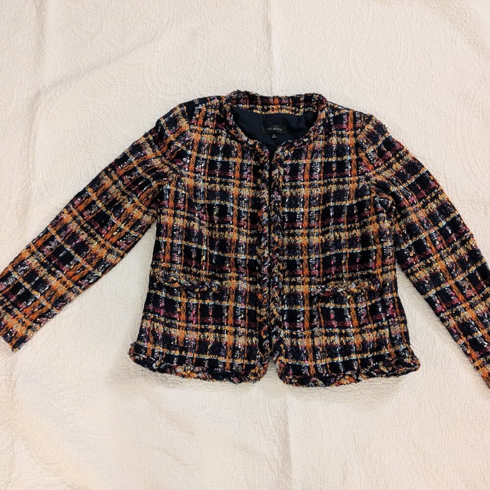 NWT Talbots Tweed Jacket Navy Sunflower Plaid